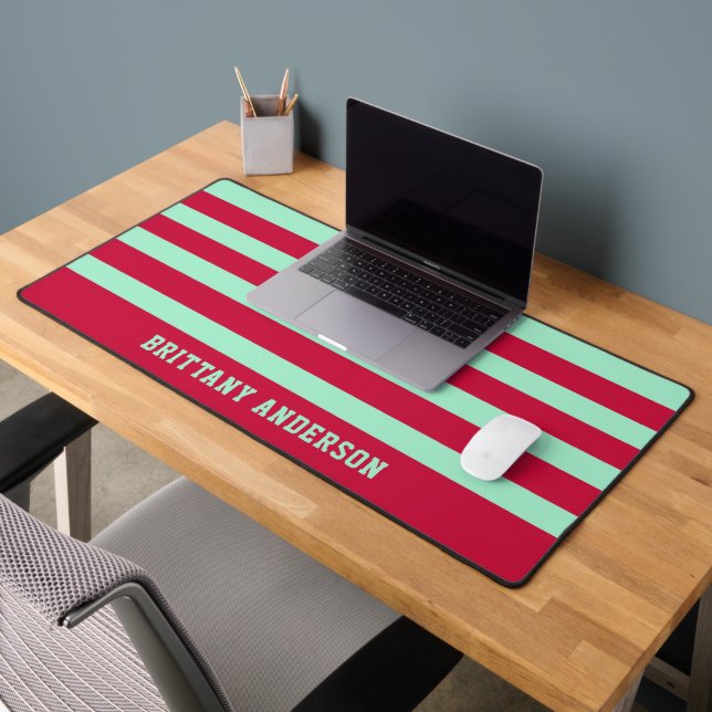 Red and Mint Green  Stripes Pattern Personalized  Desk Mat (Office 2)