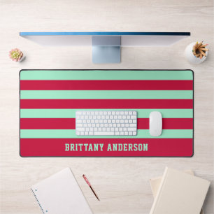 Red and Mint Green Stripes Pattern Personalized Desk Mat