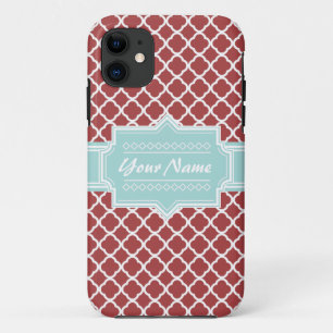 Red and Mint Quatrefoil Personalized iPhone 11 Case
