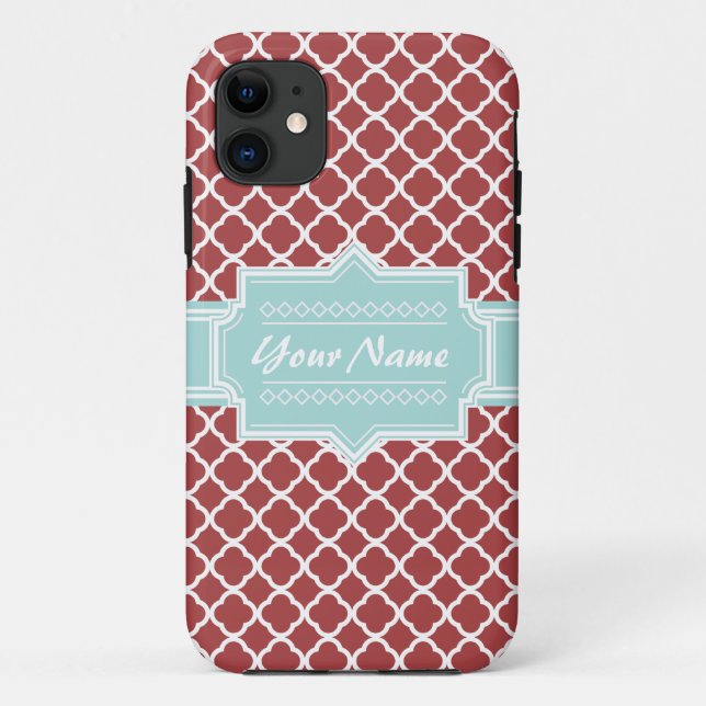 Red and Mint Quatrefoil Personalized Case-Mate iPhone Case (Back)