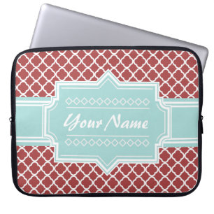 Red and Mint Quatrefoil Personalized Laptop Sleeve