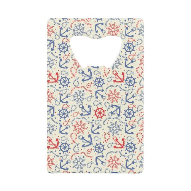 Red and navy background with anchor credit card bottle opener (Front)
