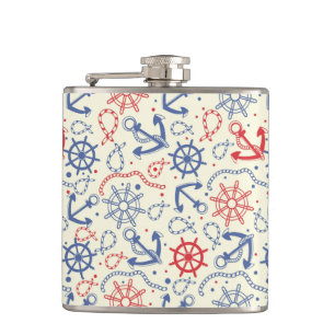 Red and navy background with anchor hip flask