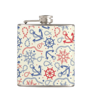 Red and navy background with anchor hip flask