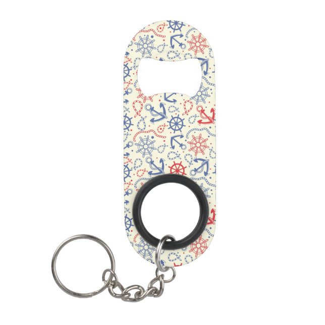 Red and navy background with anchor mini bottle opener (Front)