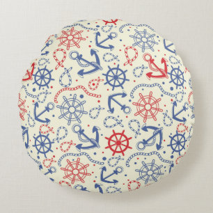 Red and navy background with anchor round pillow