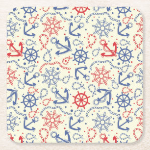 Red and navy background with anchor square paper coaster