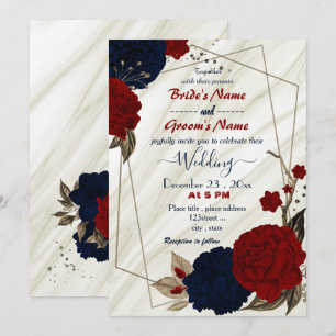 red and navy blue floral geometric wedding invitation