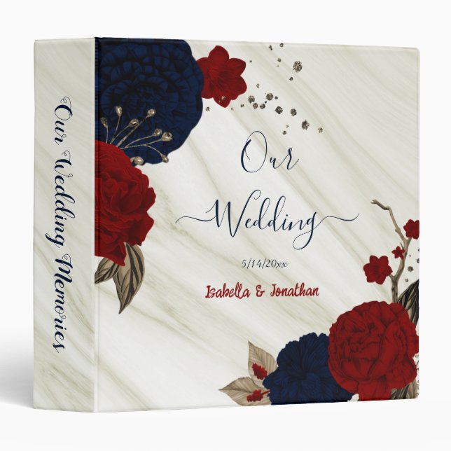 red and navy blue floral wedding photo album binder (Front/Spine)