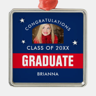Red and Navy Blue Graduation Personalized Photo Metal Ornament