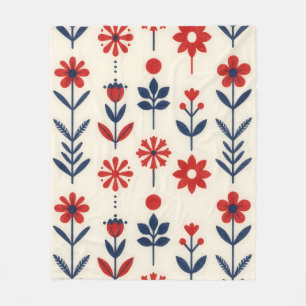Red and Navy Folk Floral Pattern Fleece Blanket