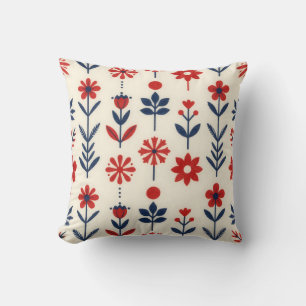 Red and Navy Folk Floral Pattern Throw Pillow