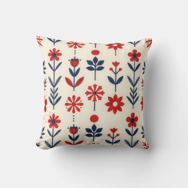 Red and Navy Folk Floral Pattern Throw Pillow (Front)