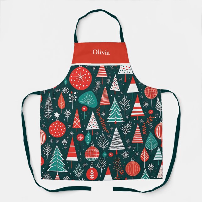 Red And Navy Mid Century Modern Christmas Pattern Apron (Front)
