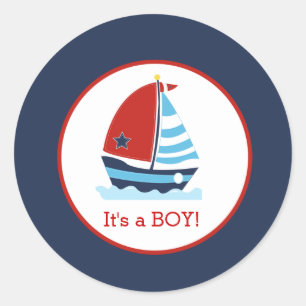 Red and Navy Sailboat Round Custom Favour Sticker