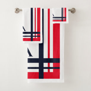 Red and Navy Stripe Personalized Design  Bath Towel Set
