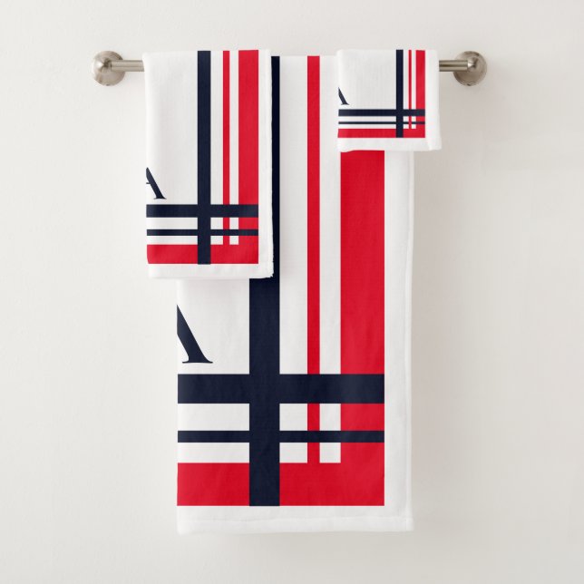 Red and Navy Stripe Personalized Design  Bath Towel Set (Insitu)