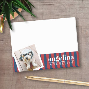 Red and Navy Striped Pattern Custom Name and Photo Post-it Notes