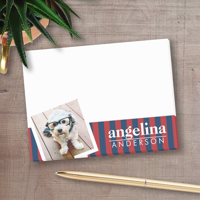 Red and Navy Striped Pattern Custom Name and Photo Post-it Notes (Personalized post-it notes with an area to add your name or other text)
