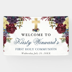 Red and Navy Winter Flowers 1st Holy Communion Banner