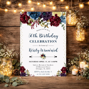 Red and Navy Winter Flowers 50th Birthday Invitation