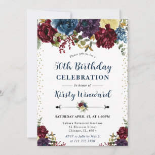 Red and Navy Winter Flowers 50th Birthday Invitation