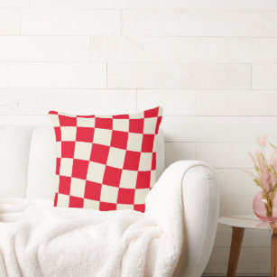 Red and Off-White Warped Grid Throw Pillow