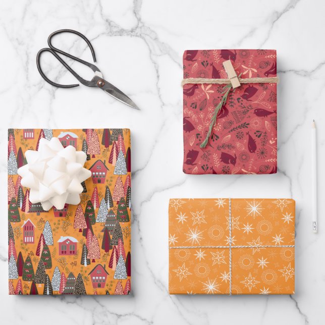 Red and Orange Christmas Forest Village Wrapping Paper Sheet (Front)