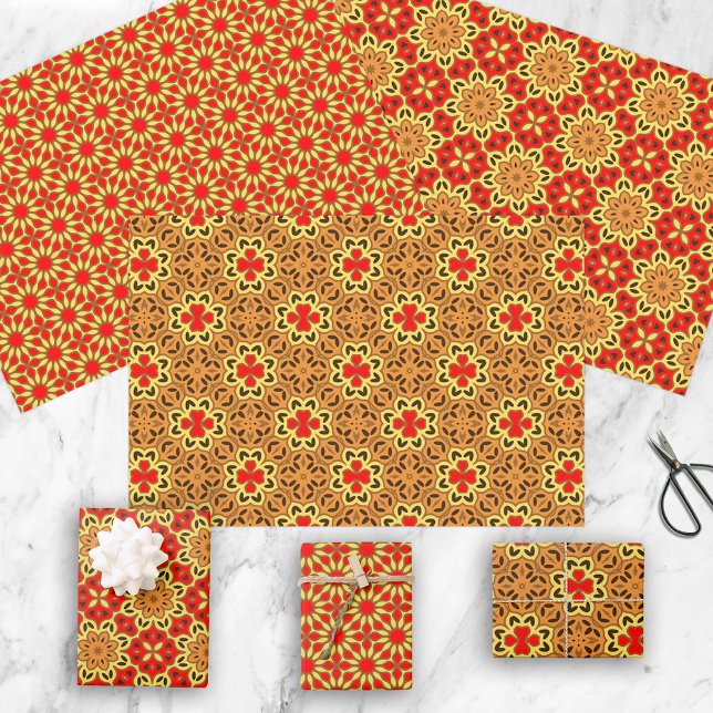 Red and Orange Ethnic Oriental Geometric Patterns Wrapping Paper Sheet (Creator Uploaded)