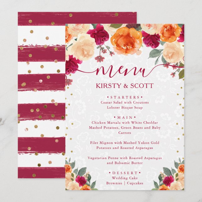 Red and Orange Fall Autumnal Flowers Wedding Menu (Front/Back)