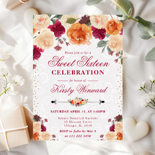 Red and Orange Fall Flowers Sweet Sixteen Invitation