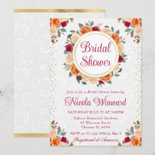 Red and Orange Fall Flowers Wreath Bridal Shower Invitation