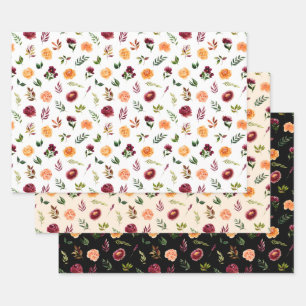 Red and Orange Flowers with Foliage Pattern Wrapping Paper Sheet