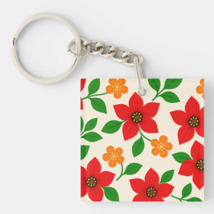 Red and Orange Flowers with Green Leaves Keychain