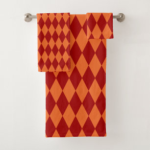 Red and Orange Harlequin Checkered Design  Bath Towel Set