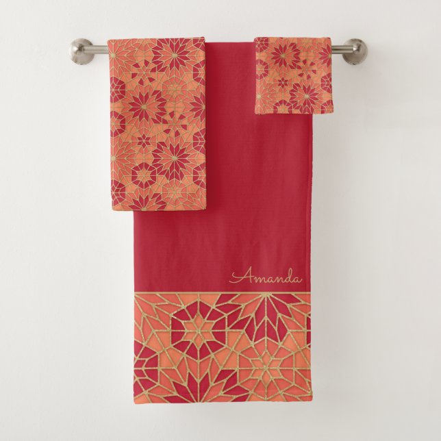 Red and orange pattern  bath towel set (Insitu)