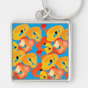 Red and orange poppies floral art keychain