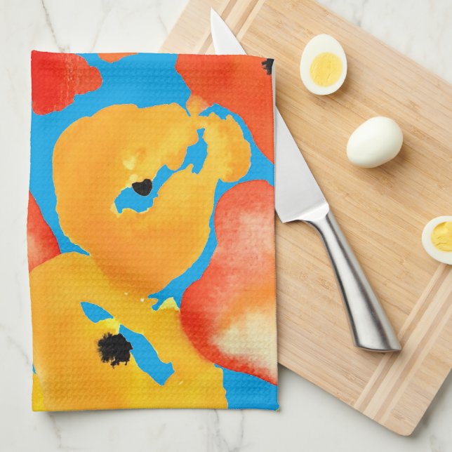 Red and orange poppies floral art kitchen towel (Quarter Fold)