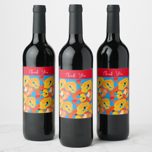 Red and orange poppies floral art wine label (Bottles)