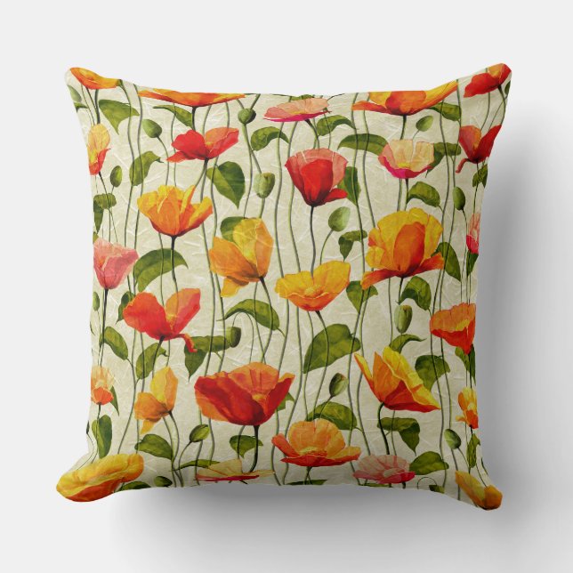 Red and Orange Poppy Pattern Throw Pillow (Front)