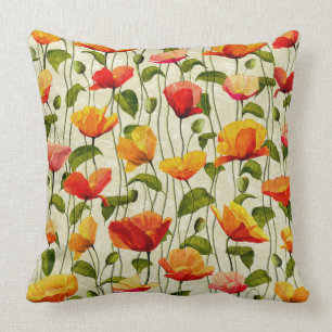 Red and Orange Poppy Pattern Throw Pillow