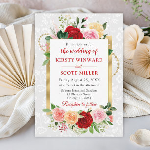 Red and Orange Roses Flowers Gold Foil Wedding Invitation