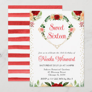 Red and Orange Roses Flowers Heart Sweet 16 Invitation