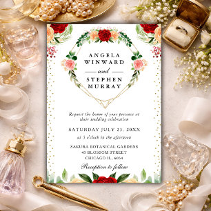 Red and Orange Roses Flowers Heart Wreath Wedding Invitation