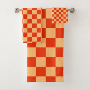 Red and Peach Check Chequered Chequerboard Pattern Bath Towel Set