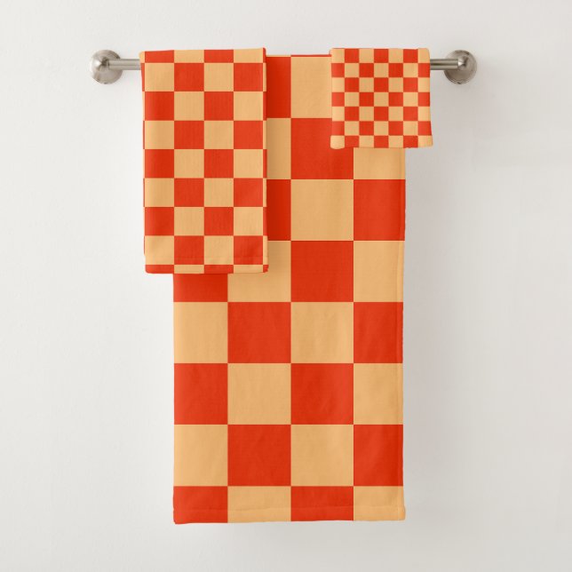 Red and Peach Check Chequered Chequerboard Pattern Bath Towel Set (Insitu)
