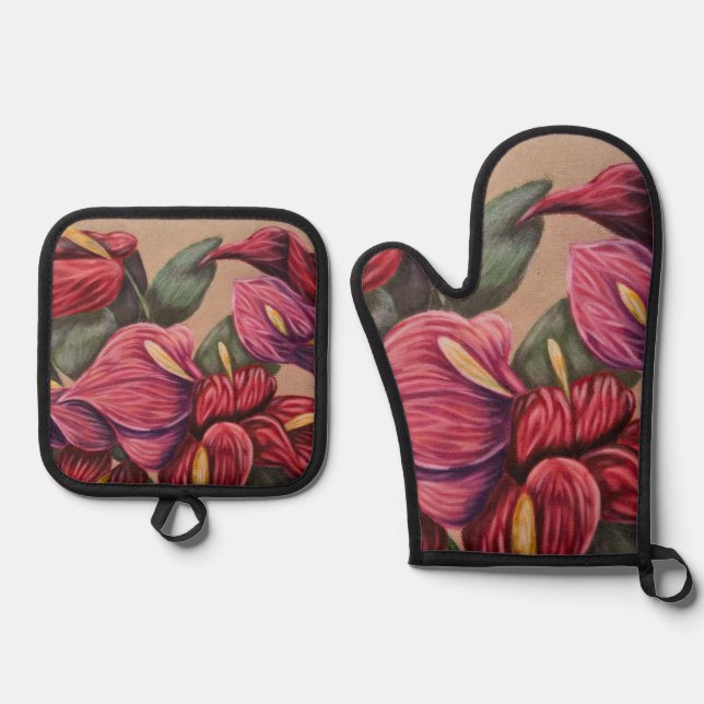 red and pink anthurium oven mitt set (Front)