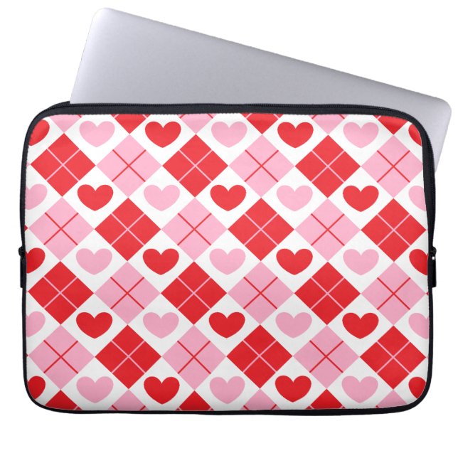 Red and Pink Argyle Heart Pattern Laptop Sleeve (Front)