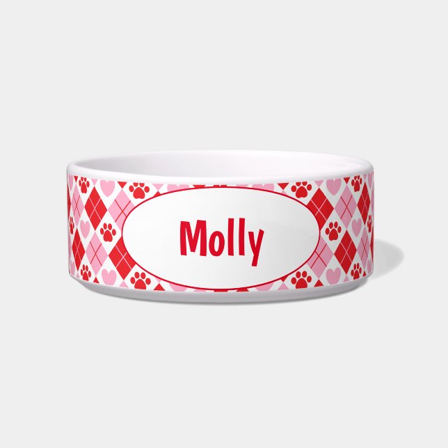 Red and Pink Argyle & Heart Paw Print Bowl (Front)
