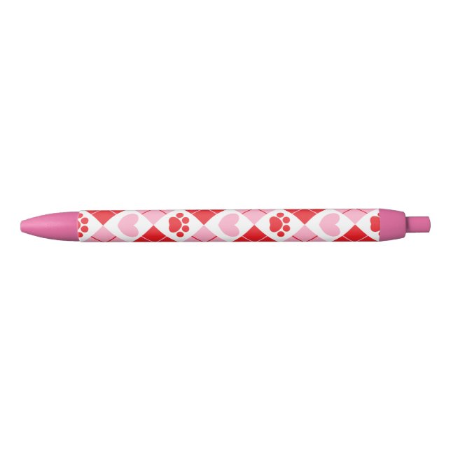 Red and Pink Argyle Paw Print & Heart Pattern Black Ink Pen (Front)